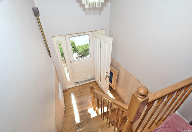 entryway with a high ceiling and light hardwood / wood-style flooring