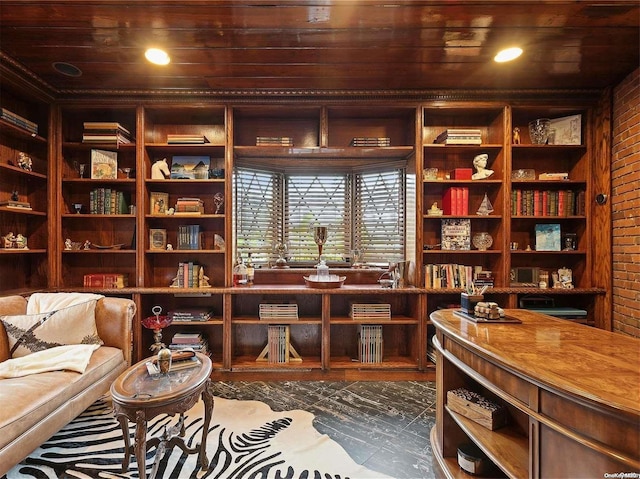 sitting room with wood ceiling