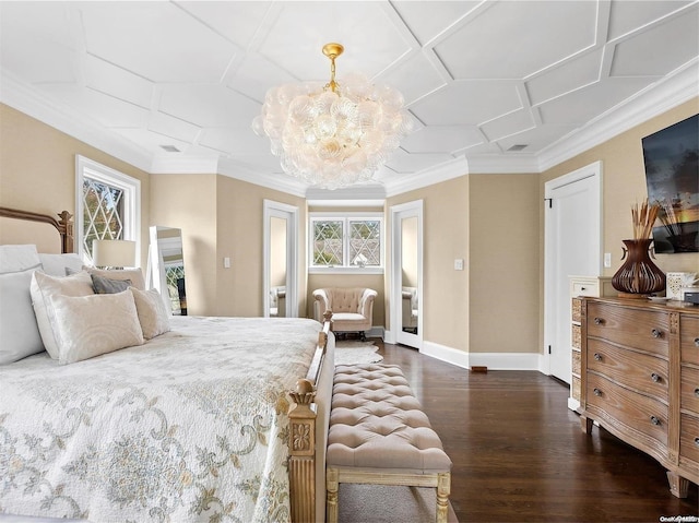 bedroom featuring coffered ceiling, dark hardwood / wood-style floors, ornamental molding, and an inviting chandelier