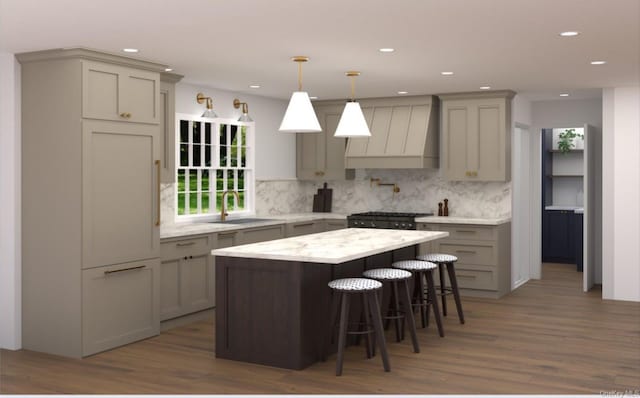38 Royal Ct, Rockville Centre, NY 11570 - kitchen featuring premium range hood, gray cabinetry, wood finished floors, tasteful backsplash, and recessed lighting