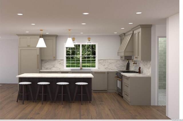38 Royal Ct, Rockville Centre, NY 11570 - kitchen with high end stainless steel range oven, a kitchen island, wood finished floors, light countertops, and a breakfast bar area