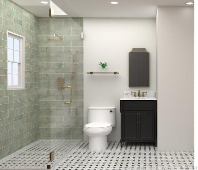 38 Royal Ct, Rockville Centre, NY 11570 - bathroom with a shower stall, vanity, and recessed lighting