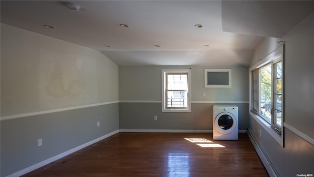 laundry room with washer / dryer, dark wood-type flooring, and a baseboard radiator