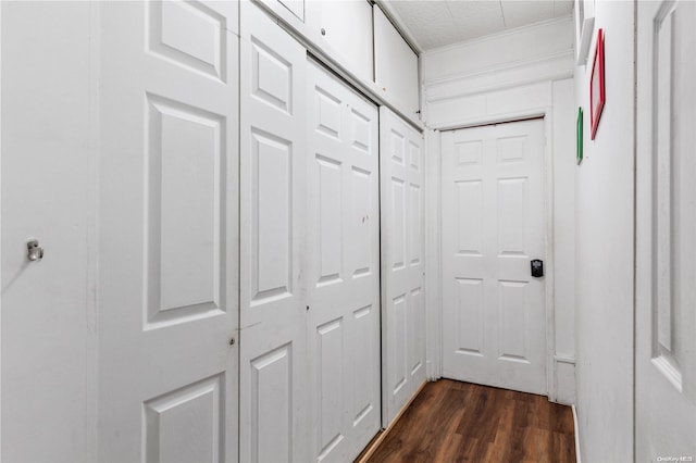 corridor featuring dark wood-type flooring