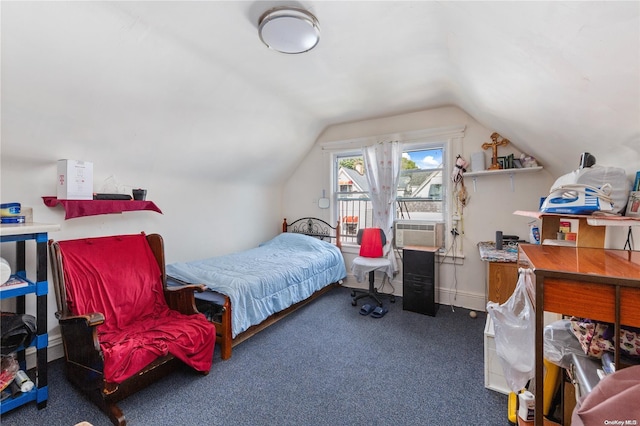 carpeted bedroom with cooling unit and lofted ceiling