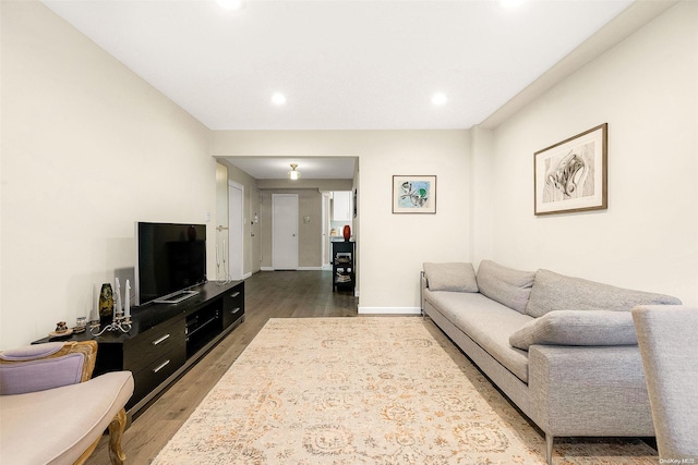 living room with dark hardwood / wood-style flooring