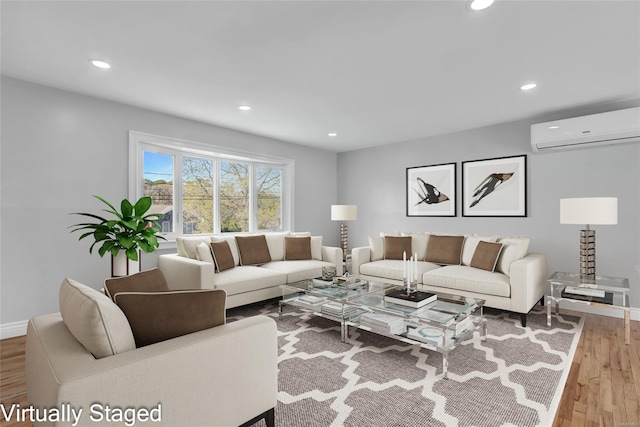 39 Roosevelt Blvd, East Patchogue, NY 11772 - living room with an AC wall unit, wood finished floors, recessed lighting, and baseboards