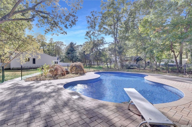 view of swimming pool with a diving board and a patio