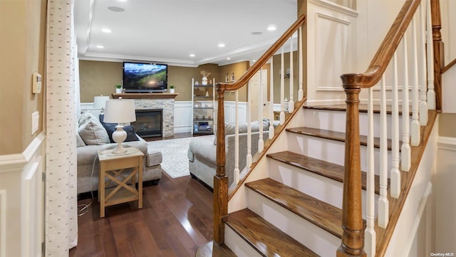 living room with ornamental molding, a stone fireplace, and dark wood-type flooring