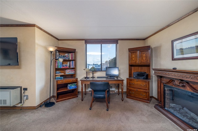 carpeted office featuring crown molding