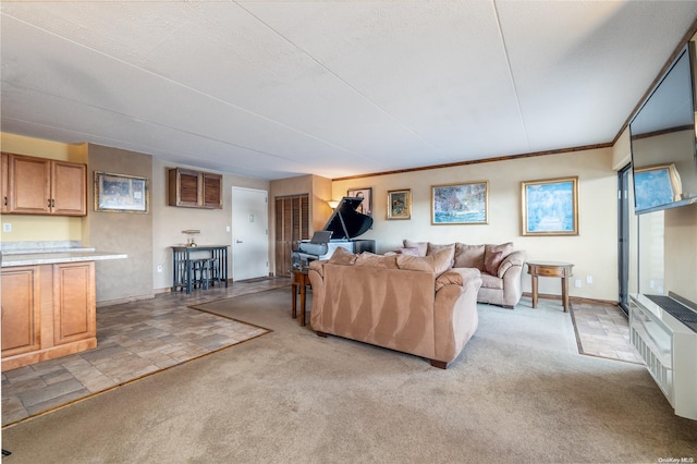 carpeted living room with a textured ceiling and crown molding