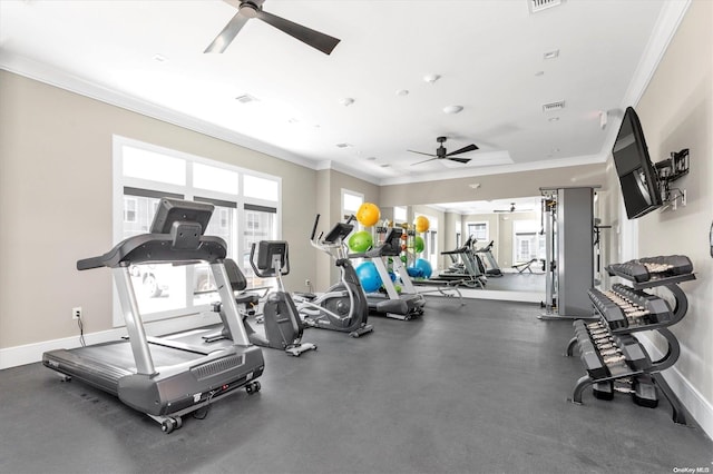 workout area featuring ceiling fan and ornamental molding