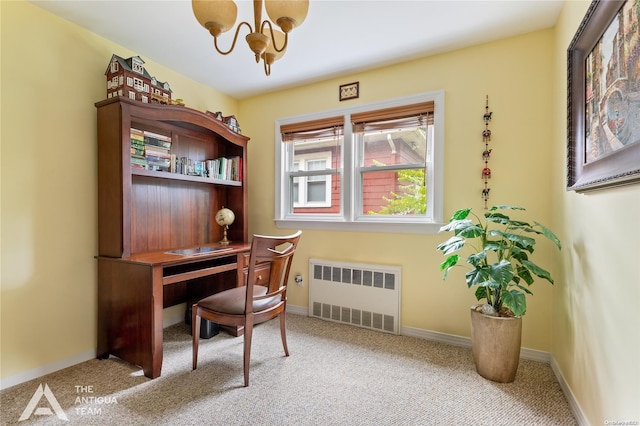 carpeted home office featuring radiator heating unit and an inviting chandelier