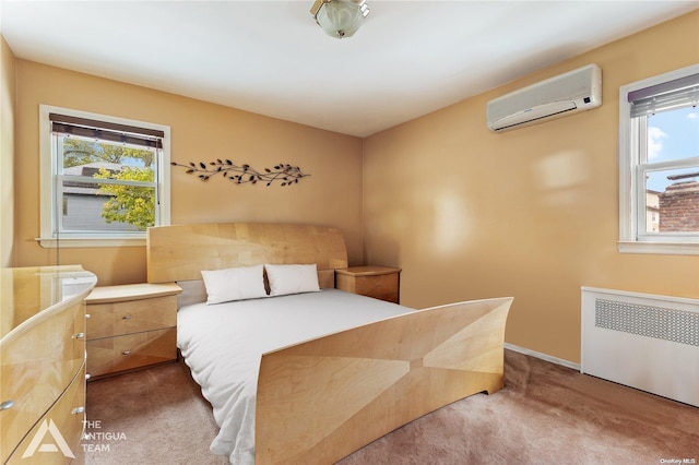 carpeted bedroom featuring radiator heating unit, a wall unit AC, and multiple windows