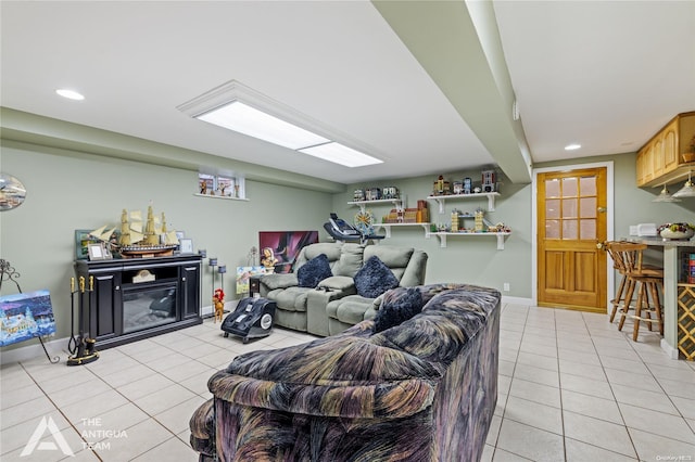 tiled living room featuring bar