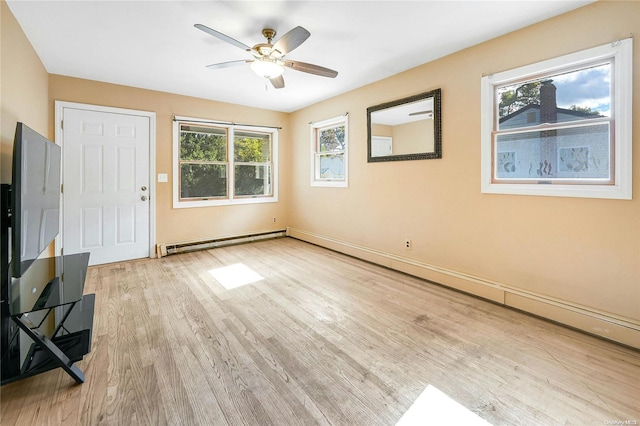 interior space featuring light hardwood / wood-style floors, baseboard heating, and ceiling fan