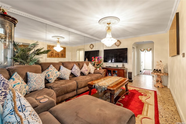 living room with crown molding and a chandelier