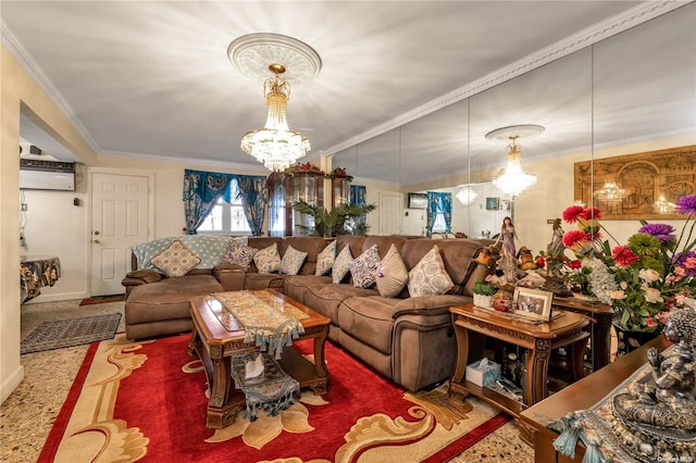 living room with a notable chandelier, crown molding, and a wall unit AC