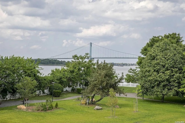 surrounding community featuring a lawn and a water view