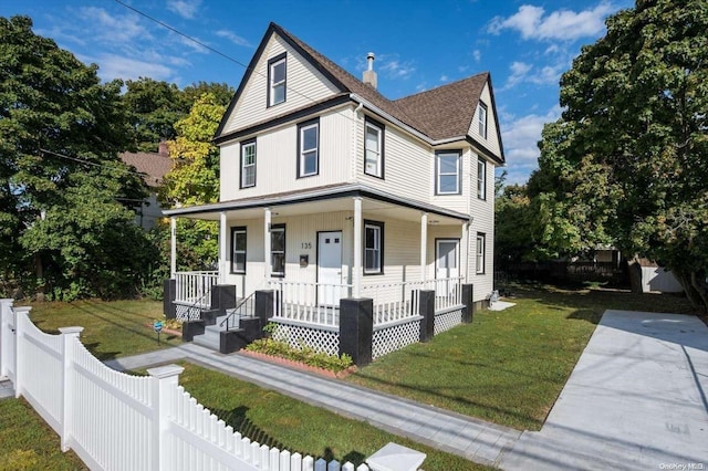 view of front of home featuring covered porch and a front yard