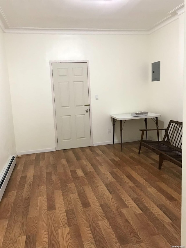 interior space featuring electric panel, ornamental molding, a baseboard radiator, and hardwood / wood-style flooring