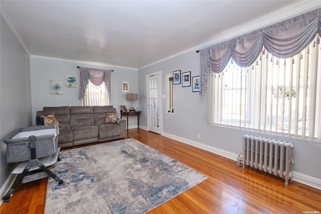 living room with radiator heating unit, crown molding, and hardwood / wood-style floors