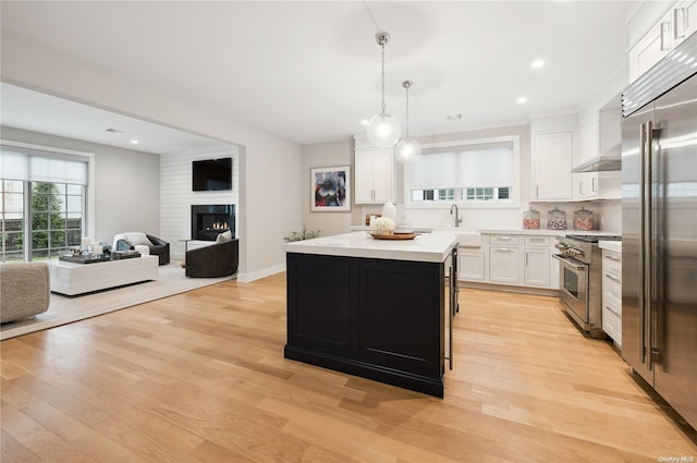 kitchen featuring premium appliances, decorative light fixtures, light hardwood / wood-style flooring, white cabinets, and a kitchen island