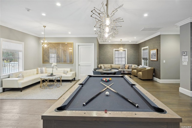 game room featuring crown molding, hardwood / wood-style floors, and pool table