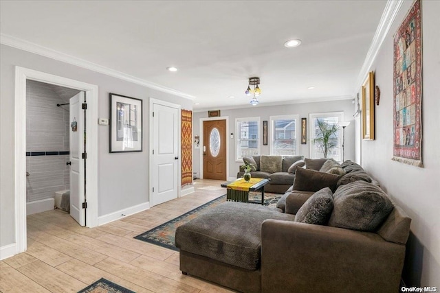 living room with crown molding and light hardwood / wood-style flooring