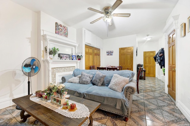 living room with ceiling fan