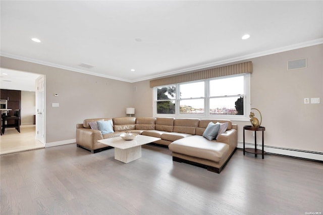 living room featuring hardwood / wood-style flooring, ornamental molding, and a baseboard radiator