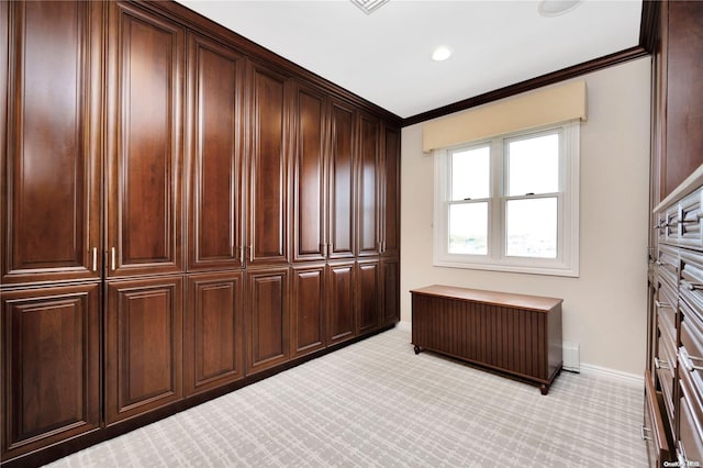 interior space with light carpet, radiator, and crown molding