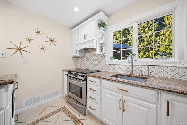 kitchen featuring decorative backsplash, white cabinetry, stainless steel electric stove, and sink