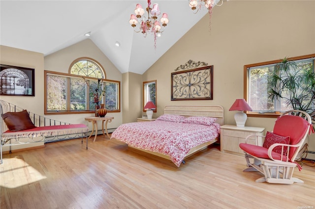 bedroom featuring a chandelier, high vaulted ceiling, light hardwood / wood-style flooring, and baseboard heating