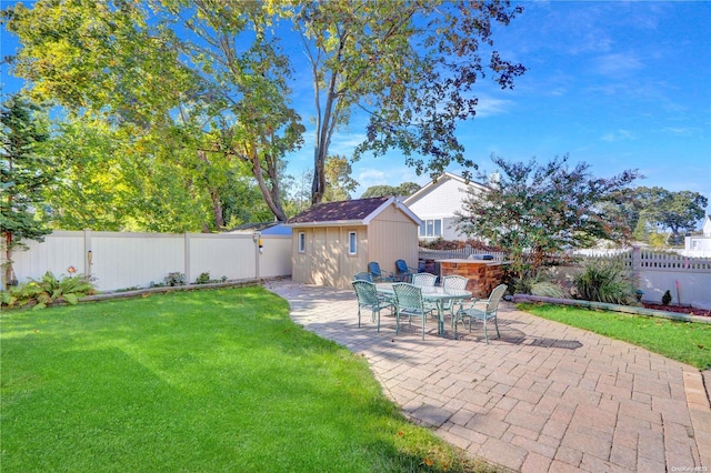 view of yard featuring a patio area and a shed