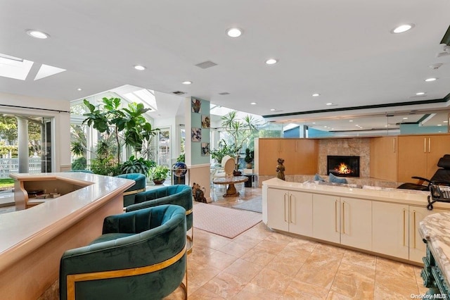 welcome area featuring a skylight and a high end fireplace