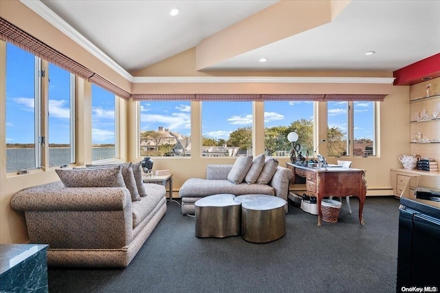 interior space featuring plenty of natural light, carpet, a baseboard heating unit, and ornamental molding