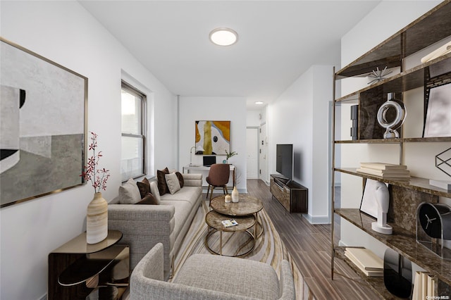 living room with dark hardwood / wood-style flooring