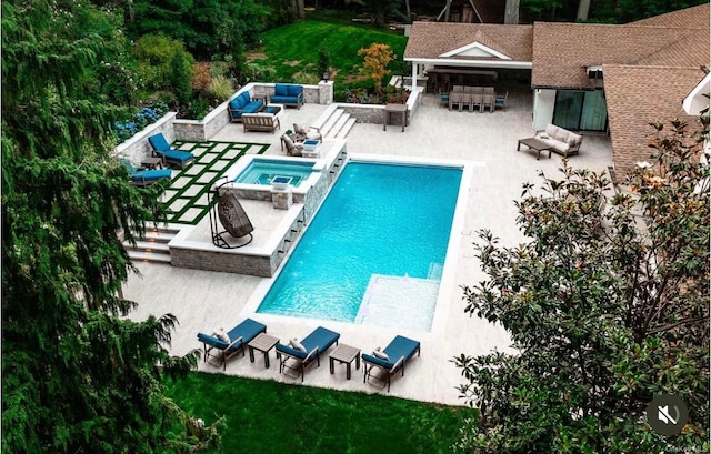 339 Ridge Ln, Mill Neck, NY 11765 - view of swimming pool with an outdoor living space, a patio, a lawn, a pool with connected hot tub, and an outdoor bar