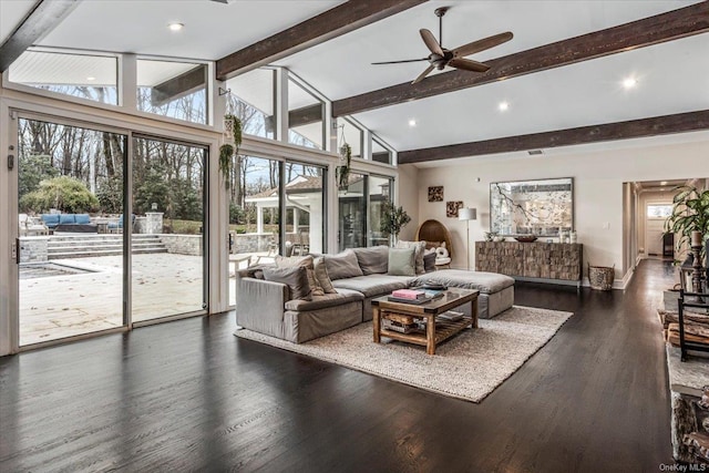 living room featuring ceiling fan, beamed ceiling, high vaulted ceiling, and dark hardwood / wood-style floors