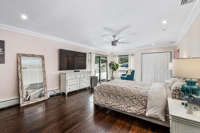 bedroom with wood-type flooring, crown molding, ceiling fan, and a baseboard heating unit