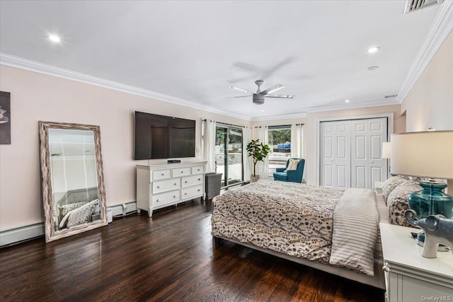 339 Ridge Ln, Mill Neck, NY 11765 - bedroom with dark wood-style flooring, crown molding, baseboard heating, recessed lighting, and a ceiling fan