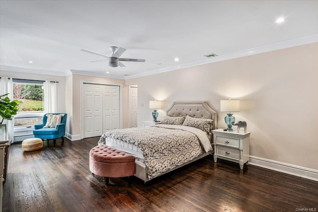 bedroom with ceiling fan, ornamental molding, dark wood-type flooring, and a baseboard radiator