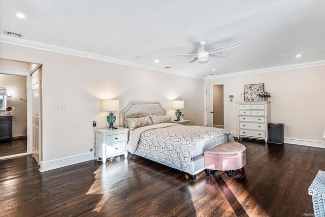 bedroom featuring ceiling fan, dark hardwood / wood-style flooring, and crown molding