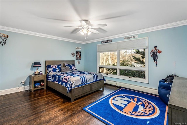 bedroom with ceiling fan, dark hardwood / wood-style floors, crown molding, and baseboard heating