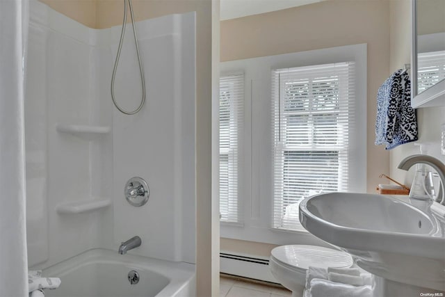 full bathroom with tub / shower combination, sink, a baseboard radiator, tile patterned flooring, and toilet