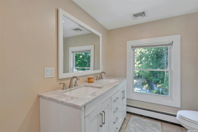 bathroom featuring tile patterned flooring, vanity, toilet, and a baseboard heating unit