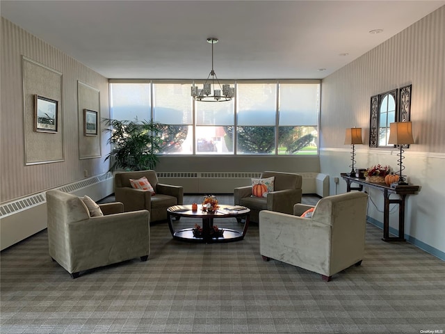 living room featuring radiator heating unit and an inviting chandelier