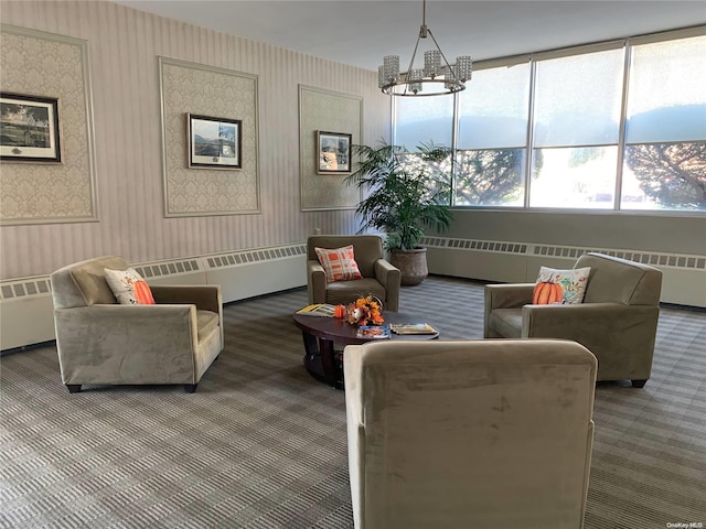 living room featuring a chandelier, carpet floors, and radiator