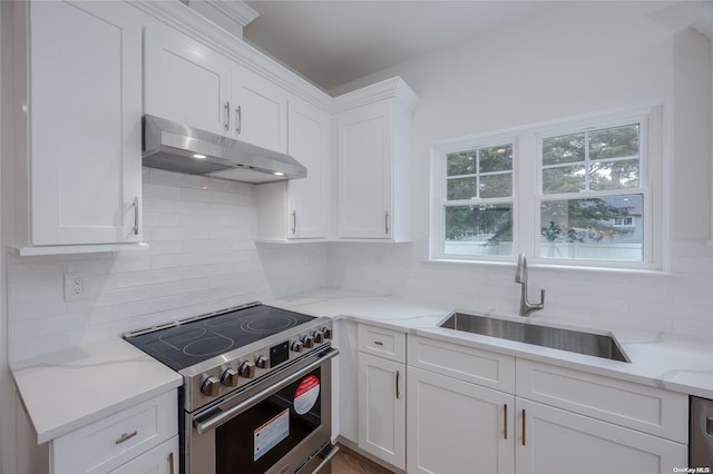 kitchen with white cabinets, light stone counters, sink, and stainless steel stove